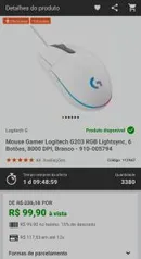 Mouse Gamer Logitech G203 RGB Lightsync, 6 Botões, 8000 DPI, Branco