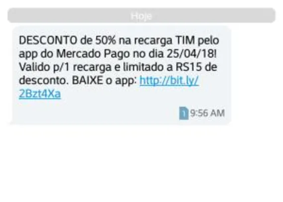 50% OFF em recarga TIM no Mercado Pago (em 25/04/2018)