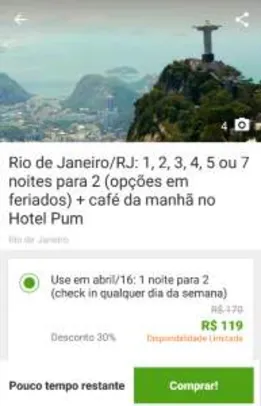 [Groupon] Rio de Janeiro/RJ: 1, 2, 3, 4, 5 ou 7 noites para 2 (opções em feriados) + café da manhã no Hotel Puma  