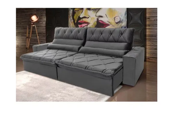 Sofá Retrátil Reclinável França 3,00m Suede Velut Cinza c/ Molas no Assento - King House