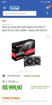 Placa de Vídeo MSI AMD Radeon RX 5500 XT Mech 4G OC, 4GB, GDDR6 R$ 950