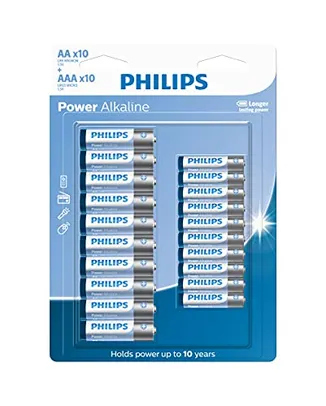 [PRIME] Pack com 20 Pilhas Philips alcalinas do tipo AA e AAA