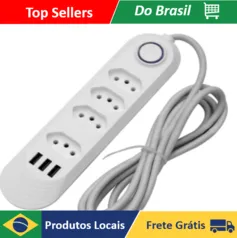 [DoBrasil/Moedas] Extensão Elétrica 2m Com 3/4 Tomadas e 3 Entradas USB com Botão 