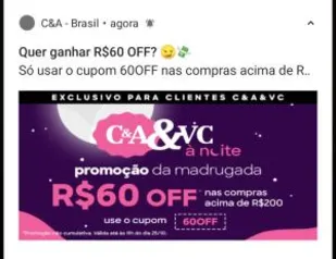 R$60 OFF CUPOM de desconto C&A