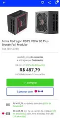 Fonte Redragon RGPS 700W 80 Plus Bronze Full Modular | R$ 488