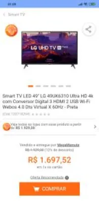 Smart TV LED 49" LG 49UK6310 Ultra HD 4k HDR Ativo, com Conversor Digital 3 HDMI 2 USB Wi-Fi Webos 4.0 Dts Virtual X 60Hz - R$1697
