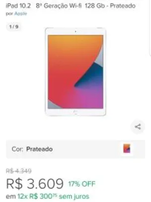 iPad 10.2 8ª Geração Wi-fi 128 Gb - Prateado R$3609