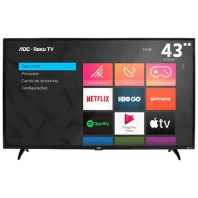 AOC Roku TV Smart TV LED 43” 43S5195/78 com Wi-fi, Controle Remoto com Atalhos, Roku Mobile, Miracast, Entradas HDMI e USB