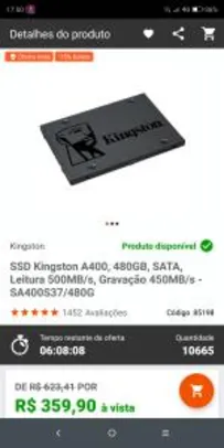 SSD Kingston A400, 480GB | R$359