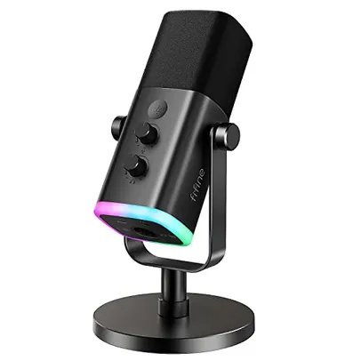 FIFINE Microfone dinâmico XLR/USB para gravação podcast,mic streaming para PC computador e jogos com luz RGB,botão mudo,conector para fones ouvido