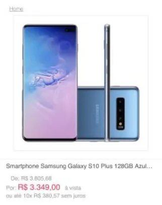 Smartphone Samsung Galaxy S10 Plus 128GB Azul | R$3349