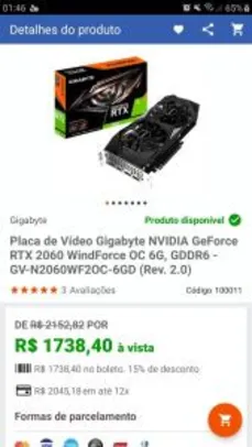 Gigabyte NVIDIA GeForce RTX 2060 WindForce OC 6G, GDDR6 - (Rev. 2.0)