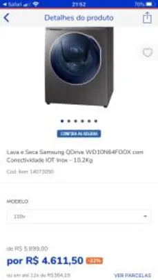 Lava e Seca Samsung QDrive com Conectividade IOT Inox – 10,2Kg - R$4612
