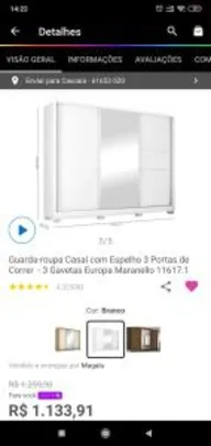 (APP CLUB DA LU) Guarda-roupa Casal com Espelho 3 Portas de Correr - 3 Gavetas Europa Maranello | R$1134