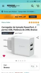 Carregador de tomada PowerPort, 2 portas USB, Potência de 24W, Branco | R$89