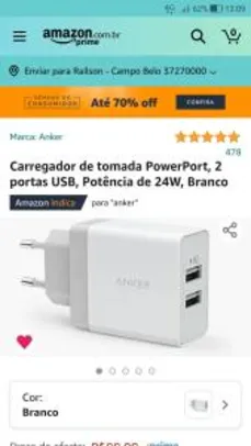 Carregador de tomada PowerPort, 2 portas USB, Potência de 24W, Branco | R$89