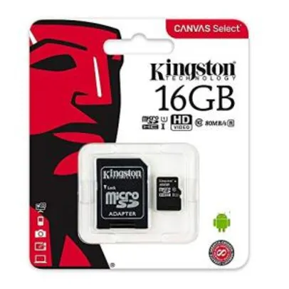 Cartão de Memória Canvas Select microSD 16GB, Kingston, Preto R$: 26