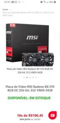 PLACA DE VIDEO MSI RADEON RX 570 8GB OC 256-BIT | R$884