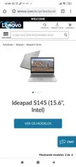 Notebook IdeaPad S145 - PrataIntel® Core™ i5-8265U (1.6GHz; 6MB Cache), 8GB, 2TB HD | R$ 2.634