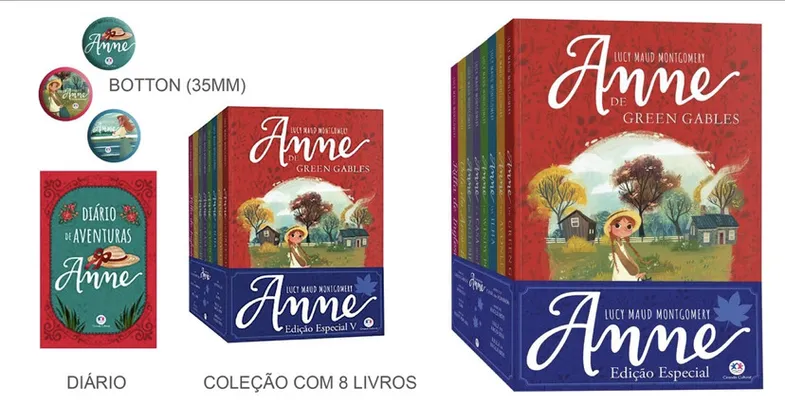 Coleção Anne de Green Gables[8 livros] + Diário de Aventura + Bottons | R$55