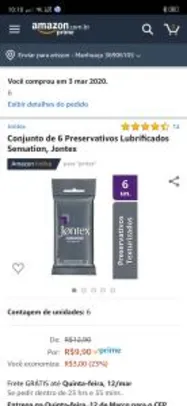 Conjunto de 6 Preservativos Lubrificados Sensation, Jontex R$ 10
