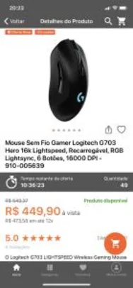 Mouse Sem Fio Gamer Logitech G703 Hero R$ 450