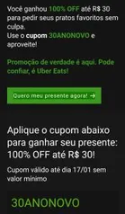 [Usuários Selecionados] R$30 OFF em um pedido no Uber Eats