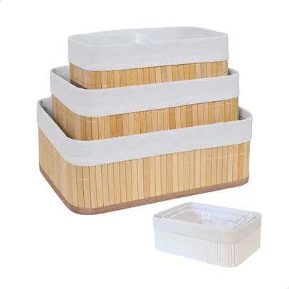 [Com Cashback R$61,90] Kit 3 Cestos Organizadores de Bambu Multiuso com Forro