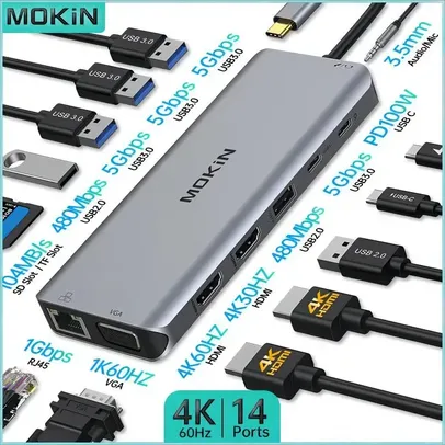 Estação de Acoplamento MOKiN 14 em 1 para MacBook Air/Pro, iPad, laptop Thunderbolt - USB-C 3.1, HDMI 4K30Hz