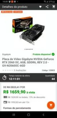 Placa de Vídeo Gigabyte NVIDIA GeForce RTX 2060 OC, 6GB, GDDR6, REV 2.0 - R$1659