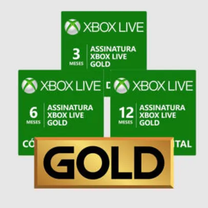 Assinatura Xbox Live Gold (Código digital) - 3 meses - R$49,00 / 6 meses - R$75,00 / 12 meses - R$119,00