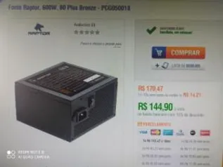 Fonte Raptor, 600W, 80 Plus Bronze - R$145