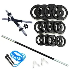 Kit Fitness 40Kg + 2 Barras 40cm C/Rosca + 1 Barra 120cm C/Presilhas + Corda | R$629