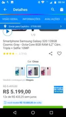 [R$ 10000,00 de Volta/BUG] Smartphone Samsung Galaxy S20 128GB R$ 5199