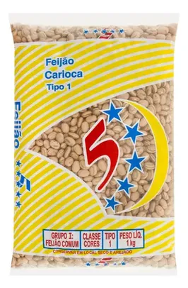 Feijão carioca cores 5 Estrelas em pacote sem glúten 1 kg