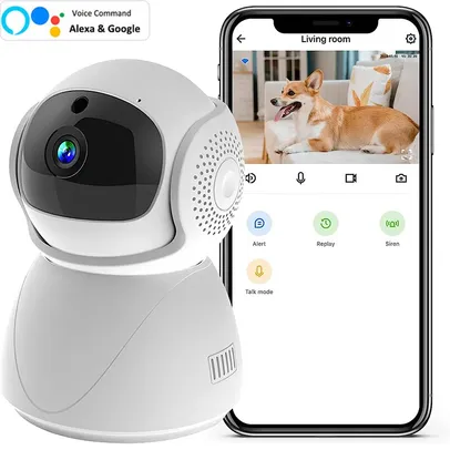 Câmera de Vigilância, FHD Wireless WiFi PTZ IP CCTV Camera, Security Protector, Smart Auto Tracking, Baby Monitor com Google Alexa