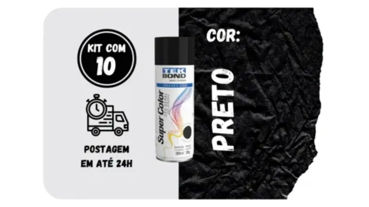 Kit 10 Tinta Spray Preto Fosco Super Color Uso Geral 350ml/250g