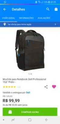Mochila para Notebook Dell Professional 15,6” Preto - R$99