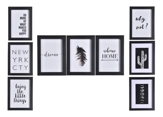 Kit Com 9 Quadros Decorativos Modernos Pretos Begônia