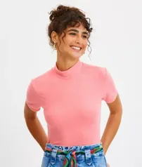 Blusa Curta em Ribana com Golinha Alta e Manga Curta Rosa Flamingo