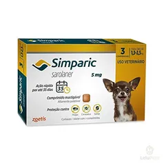 Simparic 5mg, 1,3 até 2,5kg - 03 Comprimidos Zoetis para Cães