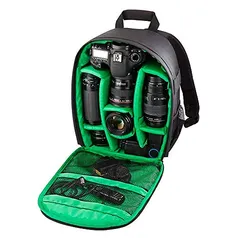 Mochila Fotográfica Impermeável Compacta para Câmeras DSLR e Mirrorless - Cor Preta e Verde