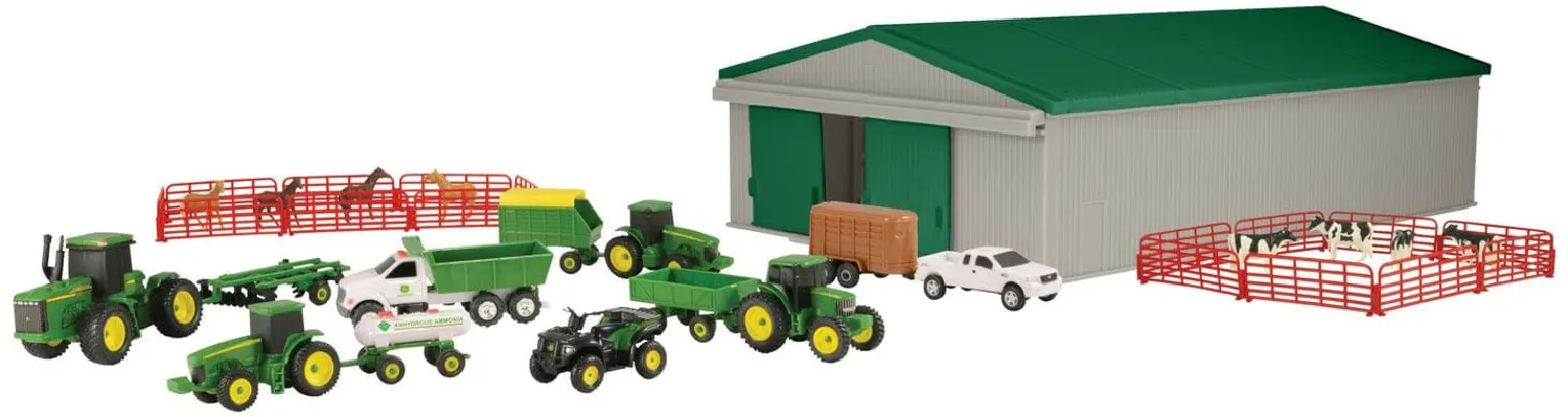 Jogo De 70 Peças Tomy John Deere, Brinquedo Fundido Com Barracão De Máquinas, Tratores, Caminhões