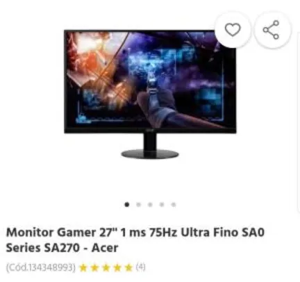 Monitor Gamer 27'' 1 ms 75Hz Ultra Fino SA0 Series SA270 - Acer