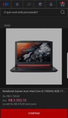 Notebook Gamer Acer Intel Core i5-7300HQ 8GB 1TB Aspire Nitro 5 50U2 - R$3.392