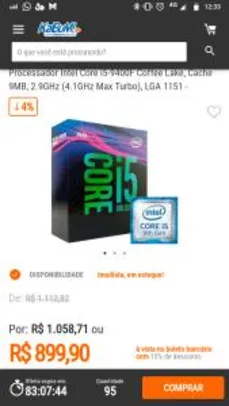 Processador Intel Core i5-9400F Coffee Lake, Cache 9MB, 2.9GHz (4.1GHz Max Turbo), LGA 1151 - BX80684I59400F R$900