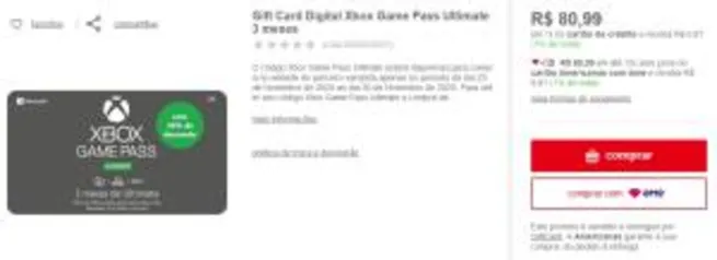 Gift Card Digital Xbox Game Pass Ultimate 3 meses - R$80