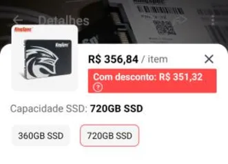 SSD KingSpec 720GB SSD SATAIII | R$ 351