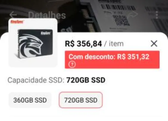 SSD KingSpec 720GB SSD SATAIII | R$ 351