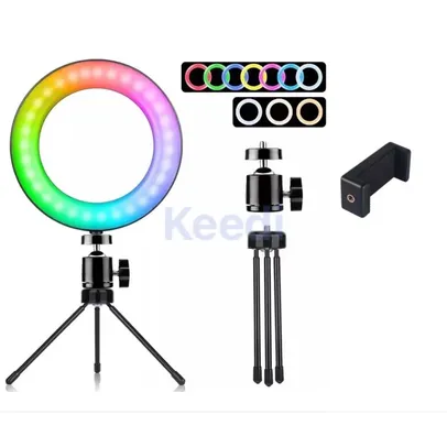 [BR | Moedas] Ring Light Colorido RGB 16cm Com Tripé Com Clipe Para Smartphone 10 Níveis de Intensidade de Luz 08 cores e 03 Cores Brancas